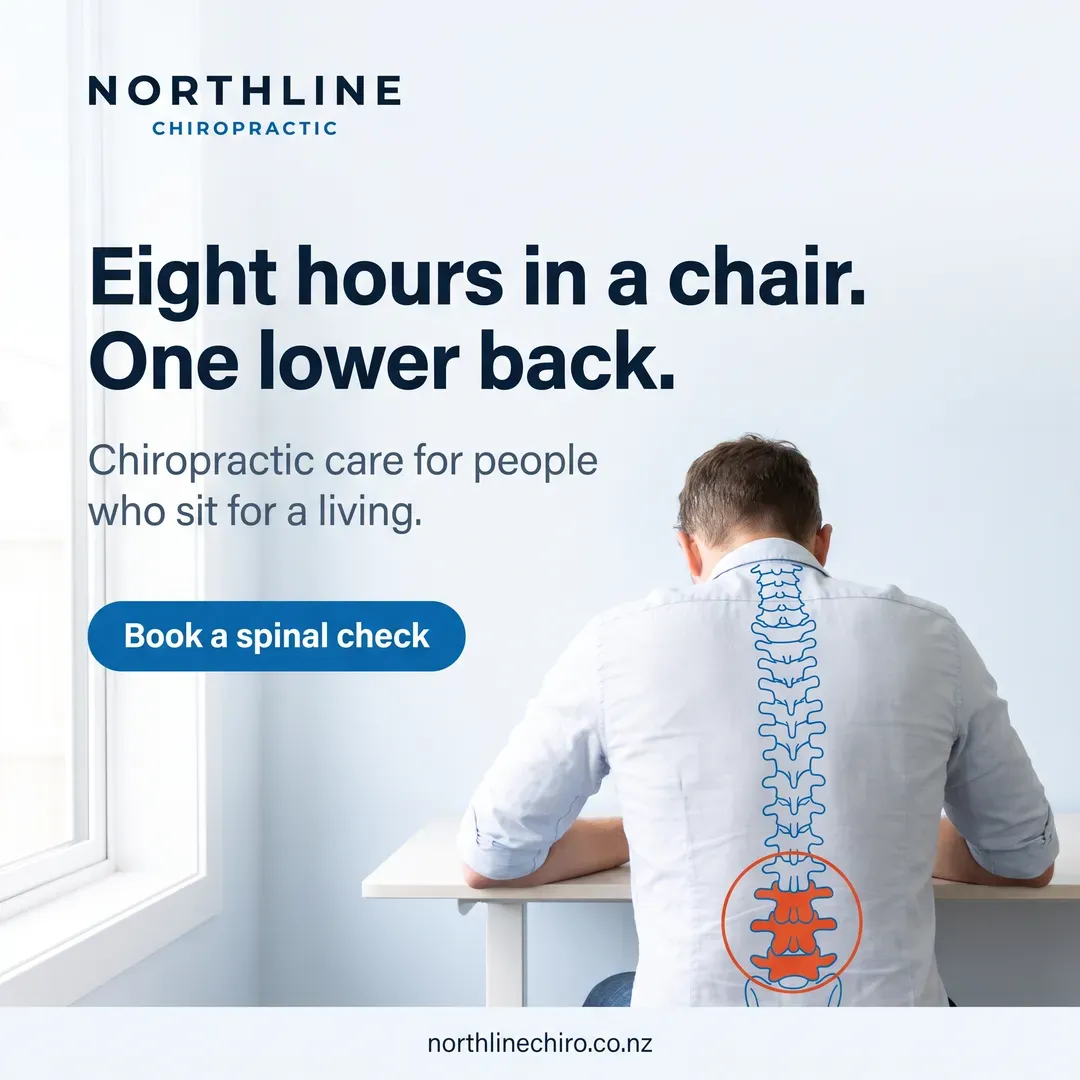 Concept advertisement for Northline Chiropractic, an invented clinic. Blue line work traced over photography, two vertebrae lit vermilion.