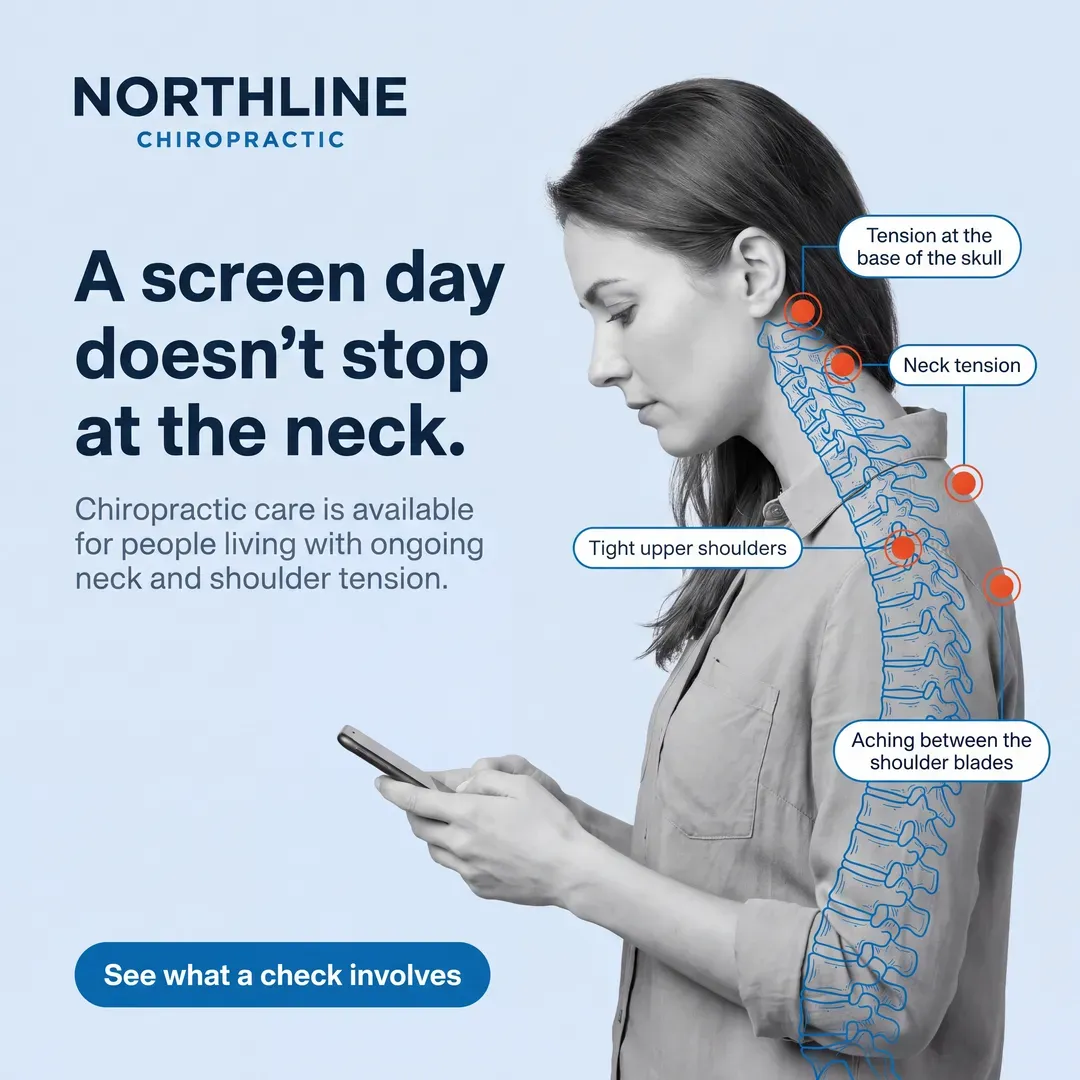 Concept advertisement for Northline Chiropractic, an invented clinic. Navy geometric grotesque on pale blue, nerve path drawn in one weight.