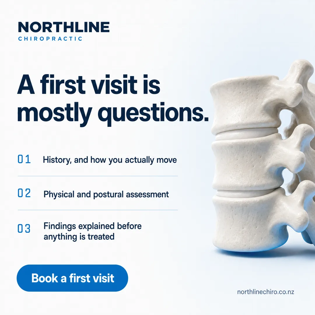 Concept advertisement for Northline Chiropractic, an invented clinic. White rounded callouts floating off the traced spine.