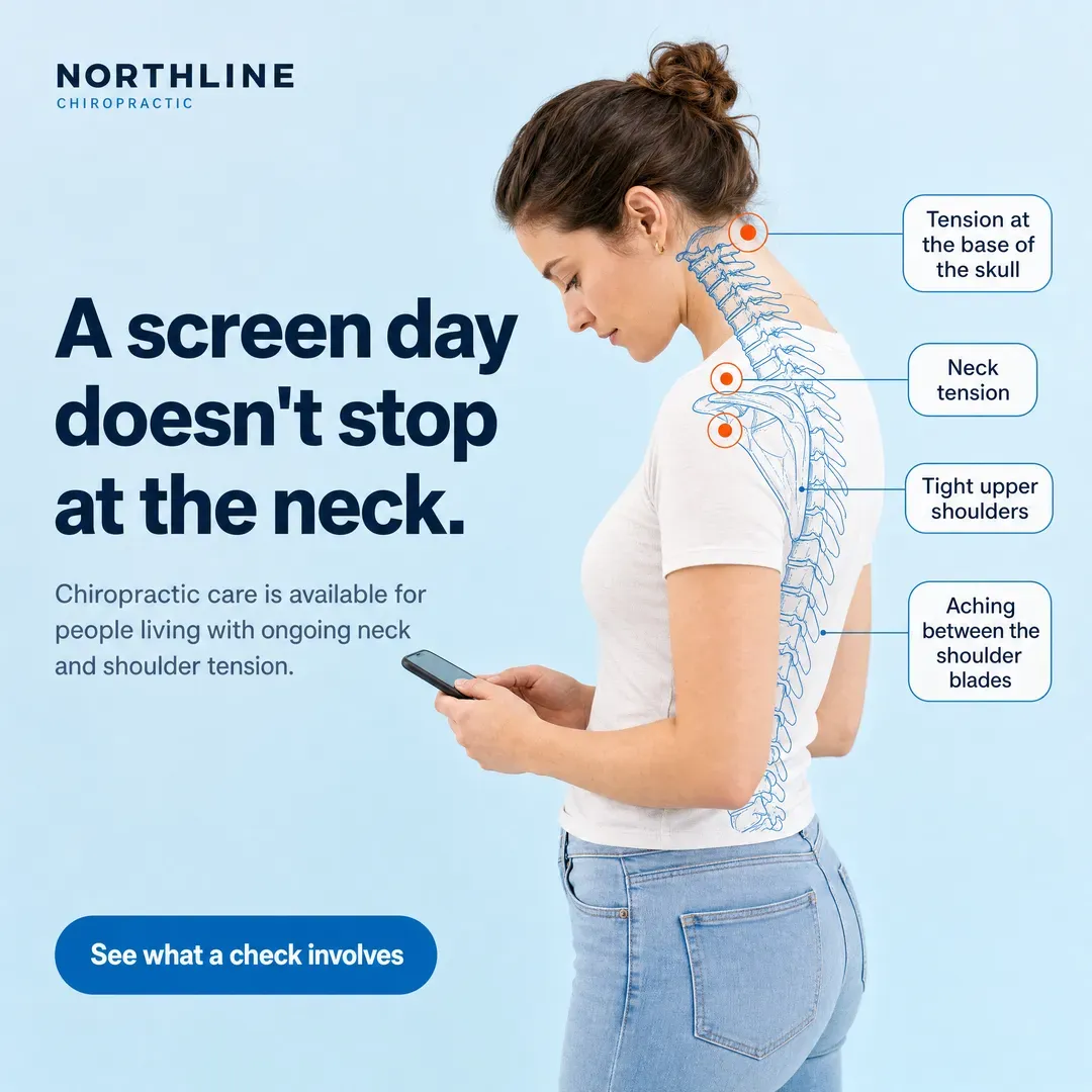 Concept advertisement for Northline Chiropractic, an invented clinic. Orange dot markers stepping down a cool blue overlay.
