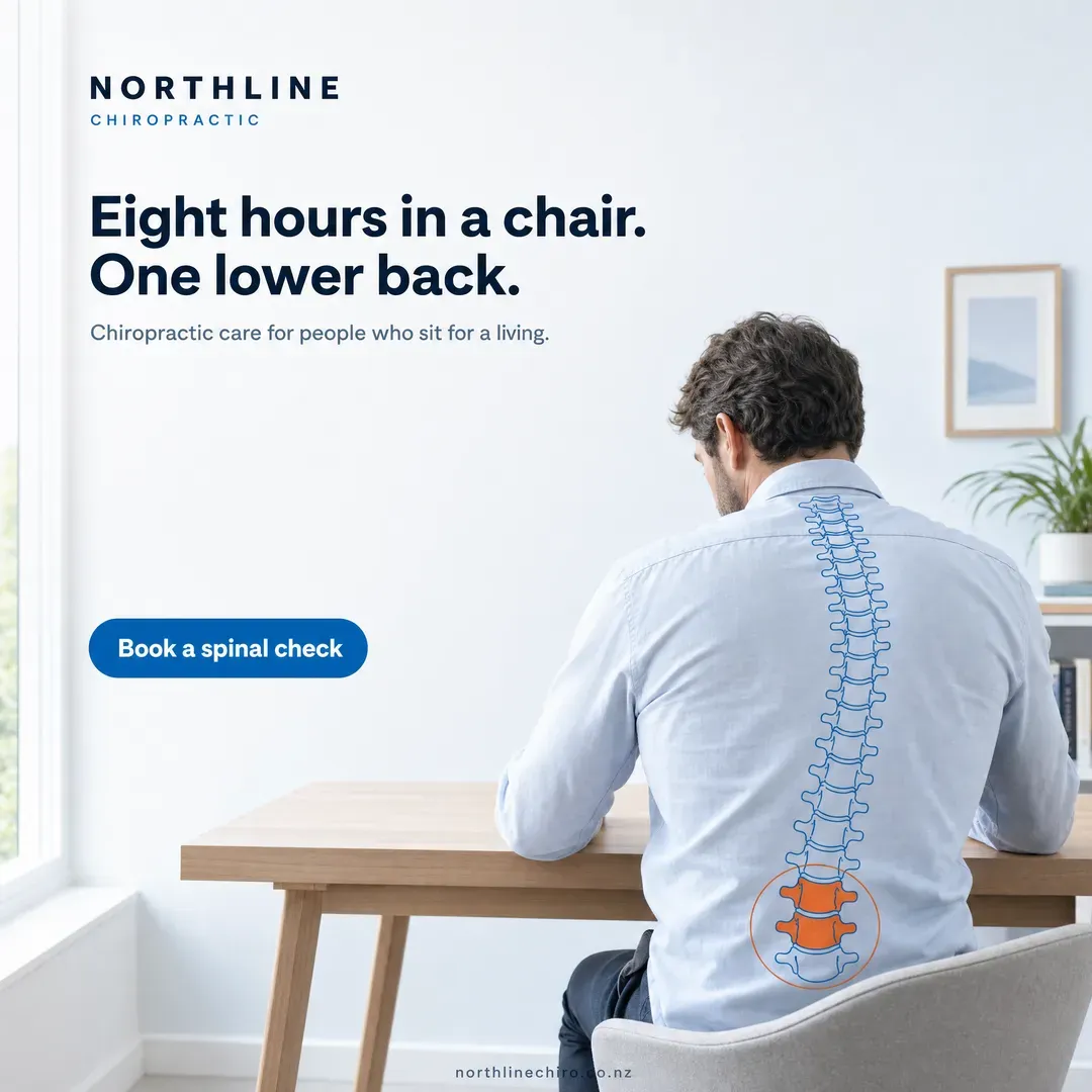 Concept advertisement for Northline Chiropractic, an invented clinic. Wide-tracked wordmark, centred domain, generous white margin.