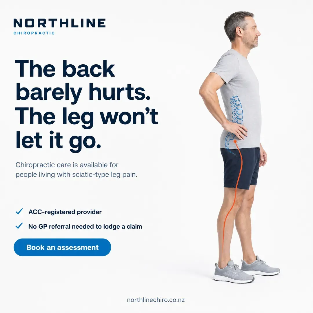 Concept advertisement for Northline Chiropractic, an invented clinic. Photograph flattened under blue, one vermilion accent allowed.