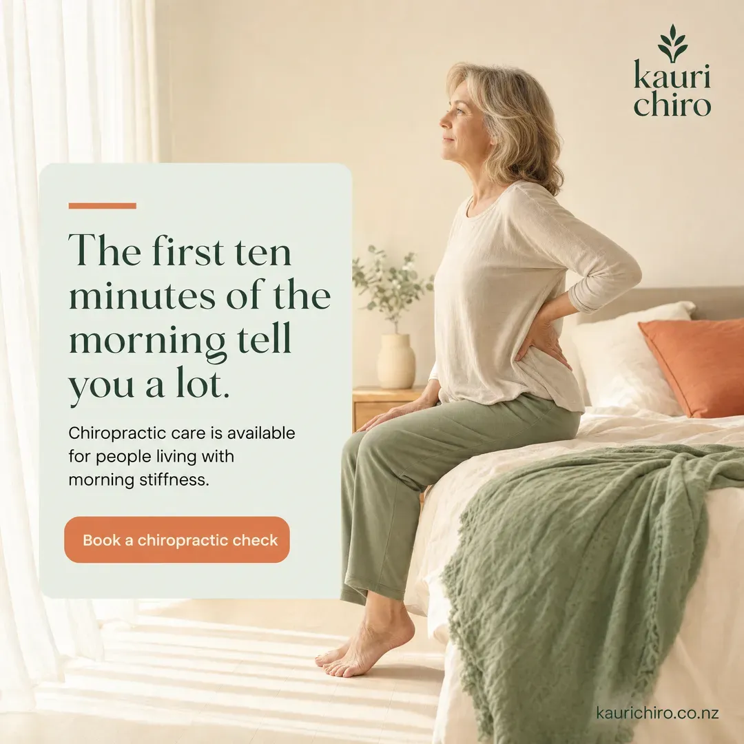 Concept advertisement for Kauri Chiropractic, an invented clinic. Deep green display serif on oat, terracotta pill button.