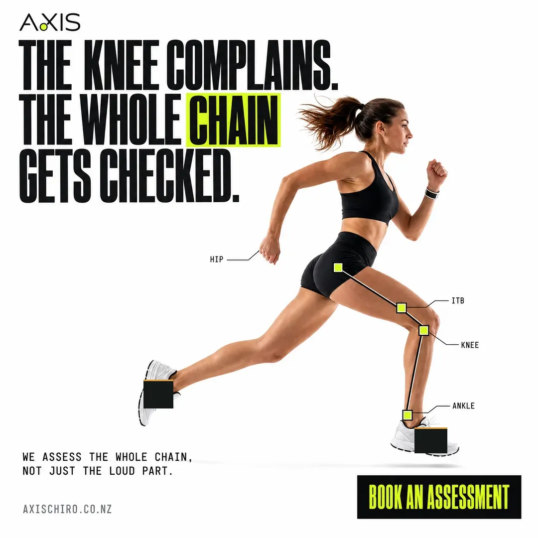 Concept advertisement for Axis Chiropractic, an invented clinic. Lime leader lines labelling hip, ITB, knee and ankle.
