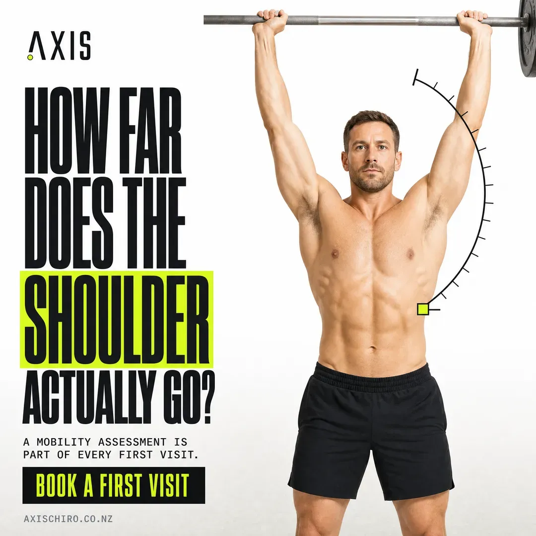 Concept advertisement for Axis Chiropractic, an invented clinic. Black protractor arc laid straight over gym photography.