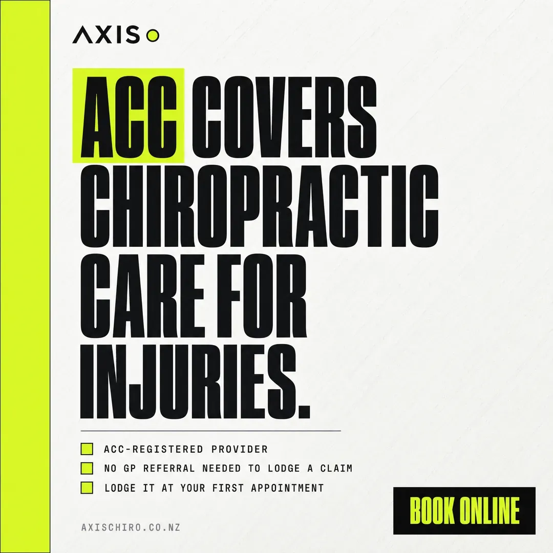 Concept advertisement for Axis Chiropractic, an invented clinic. Type only, full-height lime bar down the left edge.