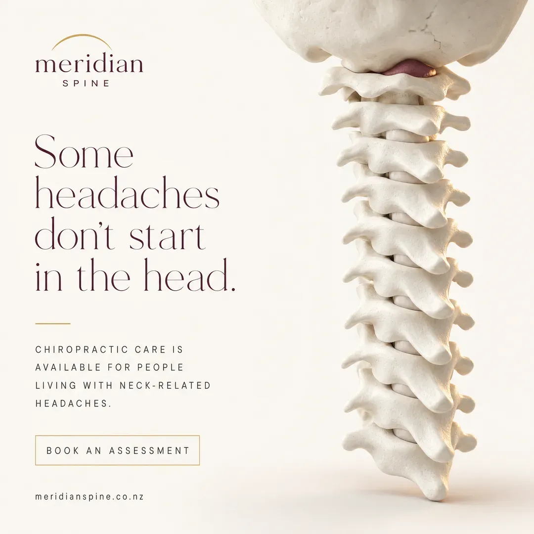 Concept advertisement for Meridian Spine, an invented clinic. Aubergine display serif on ivory, gold hairline rules.