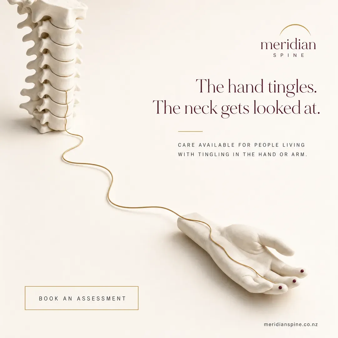 Concept advertisement for Meridian Spine, an invented clinic. Bone-white anatomy render with a gold filament run through it.