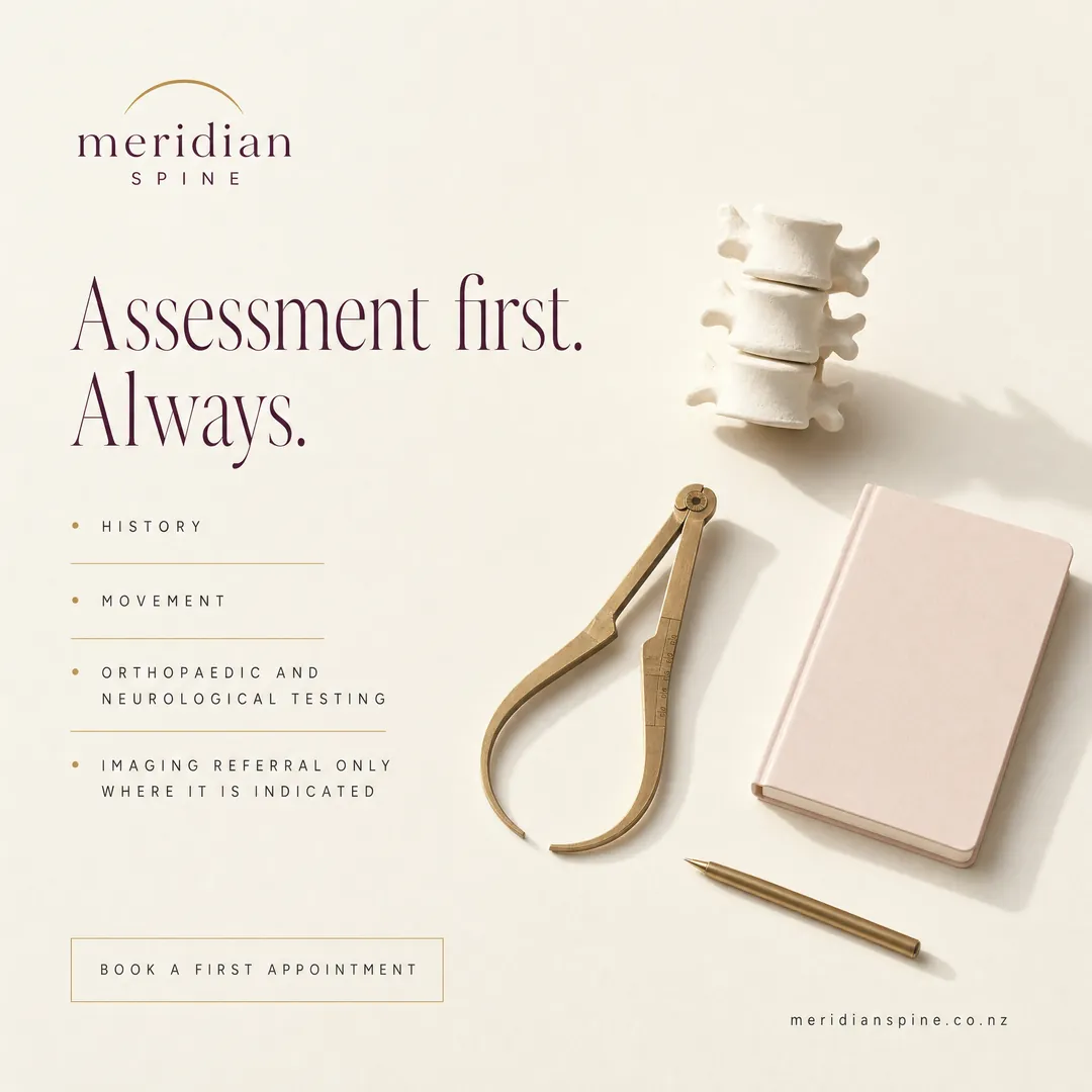 Concept advertisement for Meridian Spine, an invented clinic. Ivory flat-lay: brass calipers, blush notebook, gold pen.