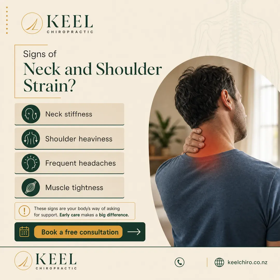 Concept advertisement for Keel Chiropractic, an invented clinic. Forest green serif on cream, gold arc mark sitting above it.