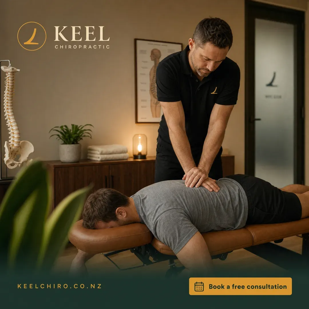 Concept advertisement for Keel Chiropractic, an invented clinic. Terracotta and green split panel, gold pill button on the seam.