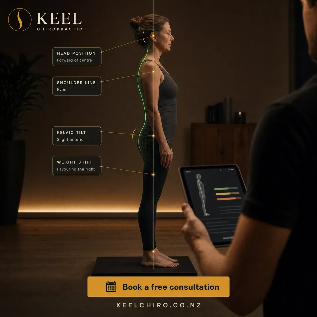 Concept advertisement for Keel Chiropractic, an invented clinic. Gold leader-line cards over a low-lit frame, green mesh overlay.