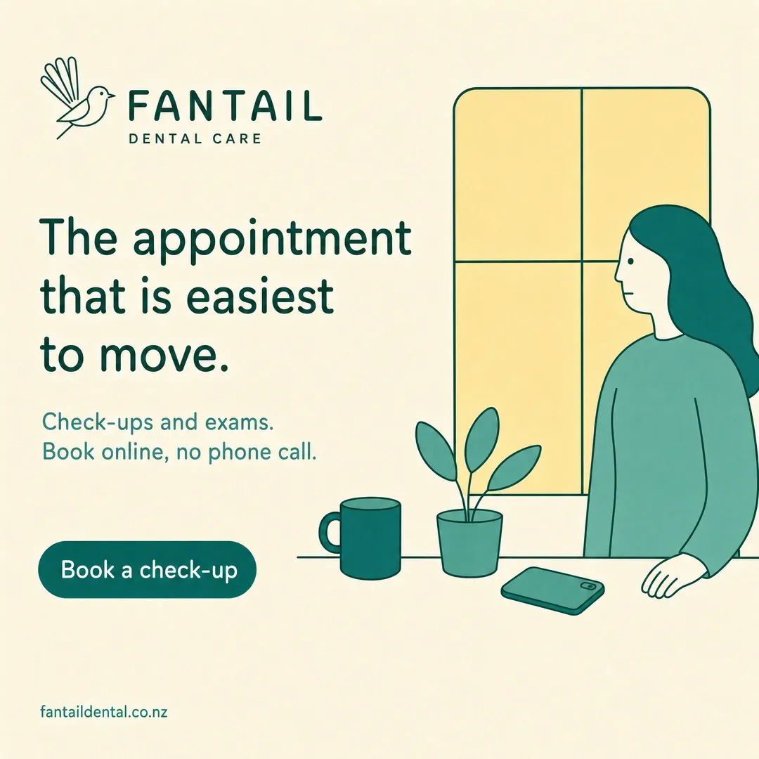Concept advertisement for Fantail Dental Care, an invented clinic. Flat green line illustration on butter cream, no photography.