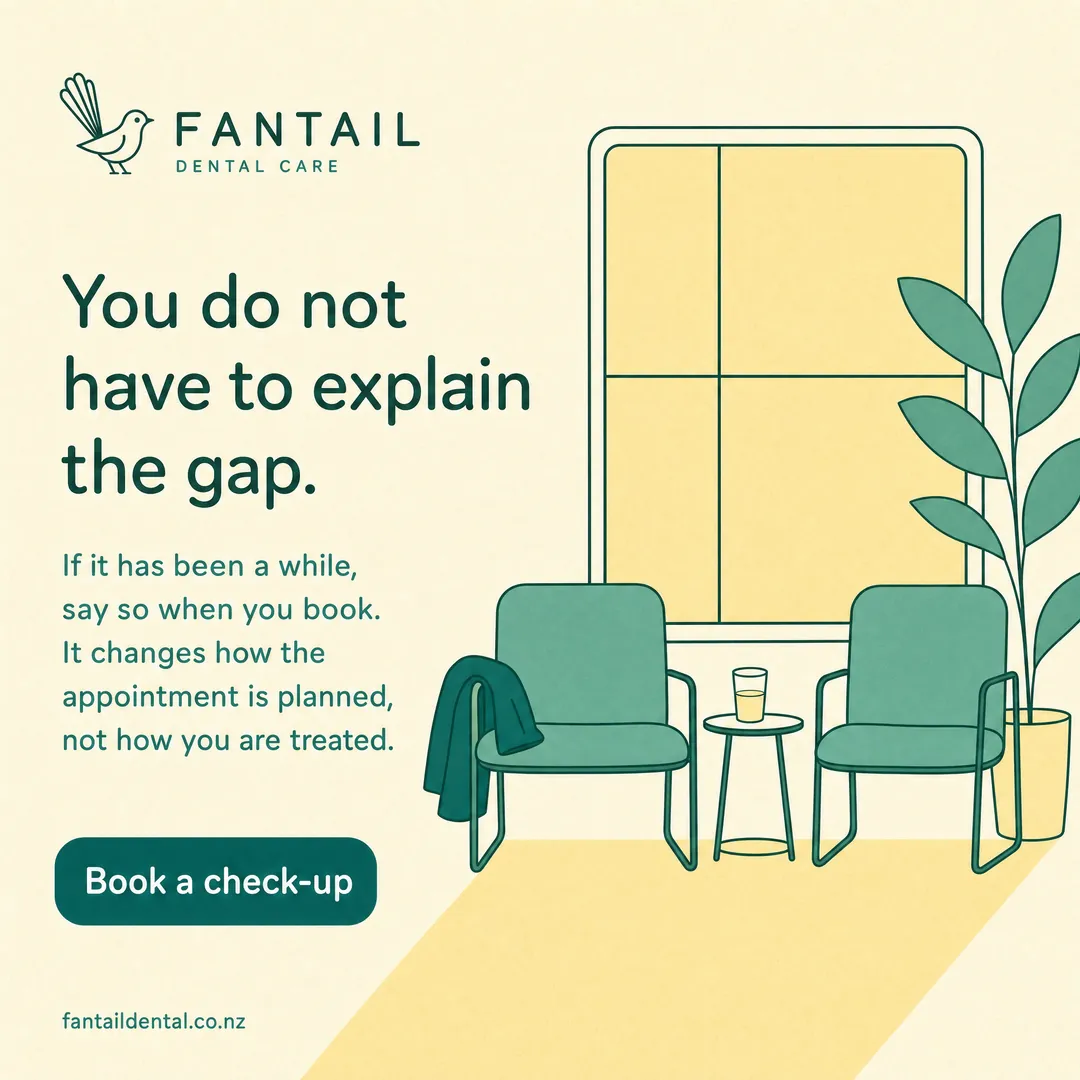 Concept advertisement for Fantail Dental Care, an invented clinic. Geometric sans in deep green, teal second line, green pill button.