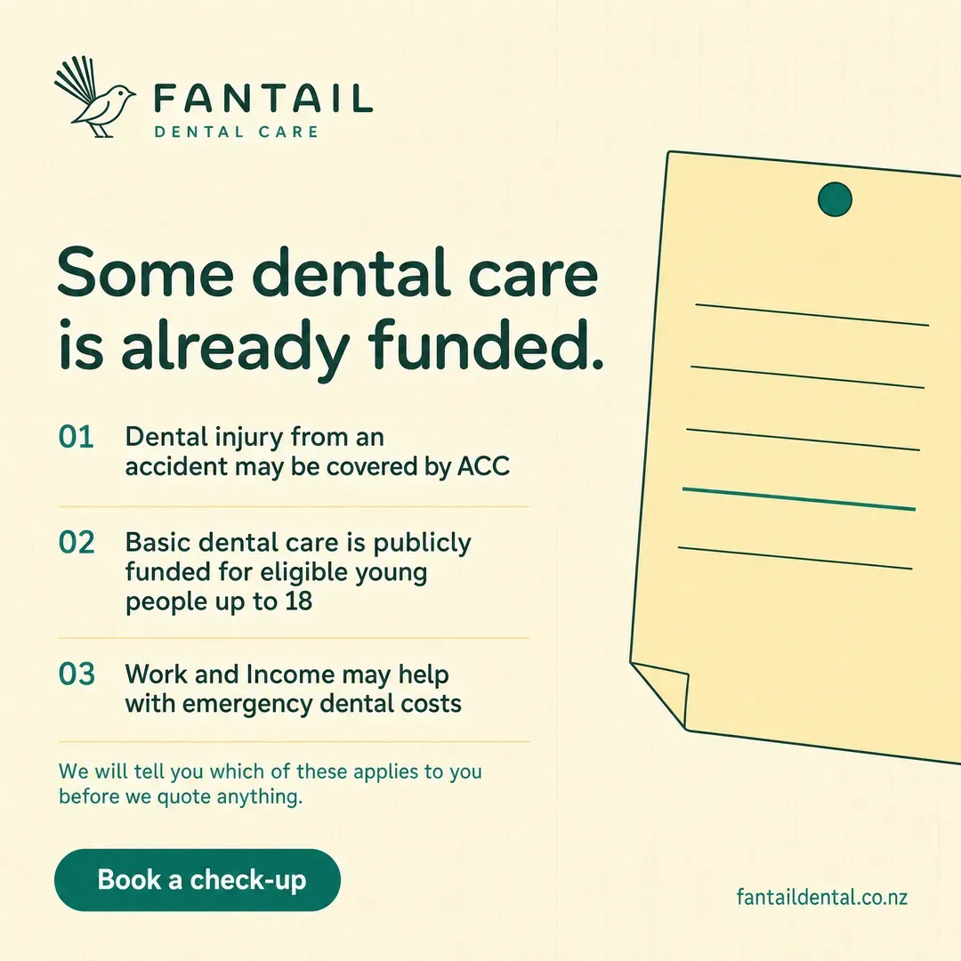 Concept advertisement for Fantail Dental Care, an invented clinic. Fantail line mark, illustration carrying the whole frame.