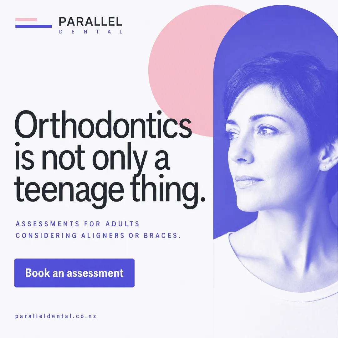 Concept advertisement for Parallel Dental, an invented clinic. Oversized grotesque, tracking pulled tight, pale lilac ground.