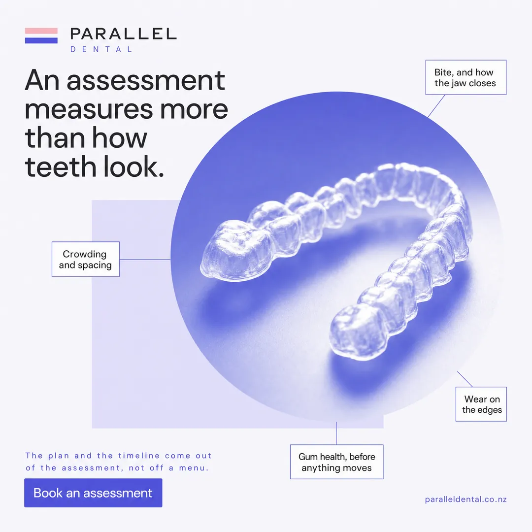 Concept advertisement for Parallel Dental, an invented clinic. Indigo duotone portrait inside an arch, blush quarter-circle.