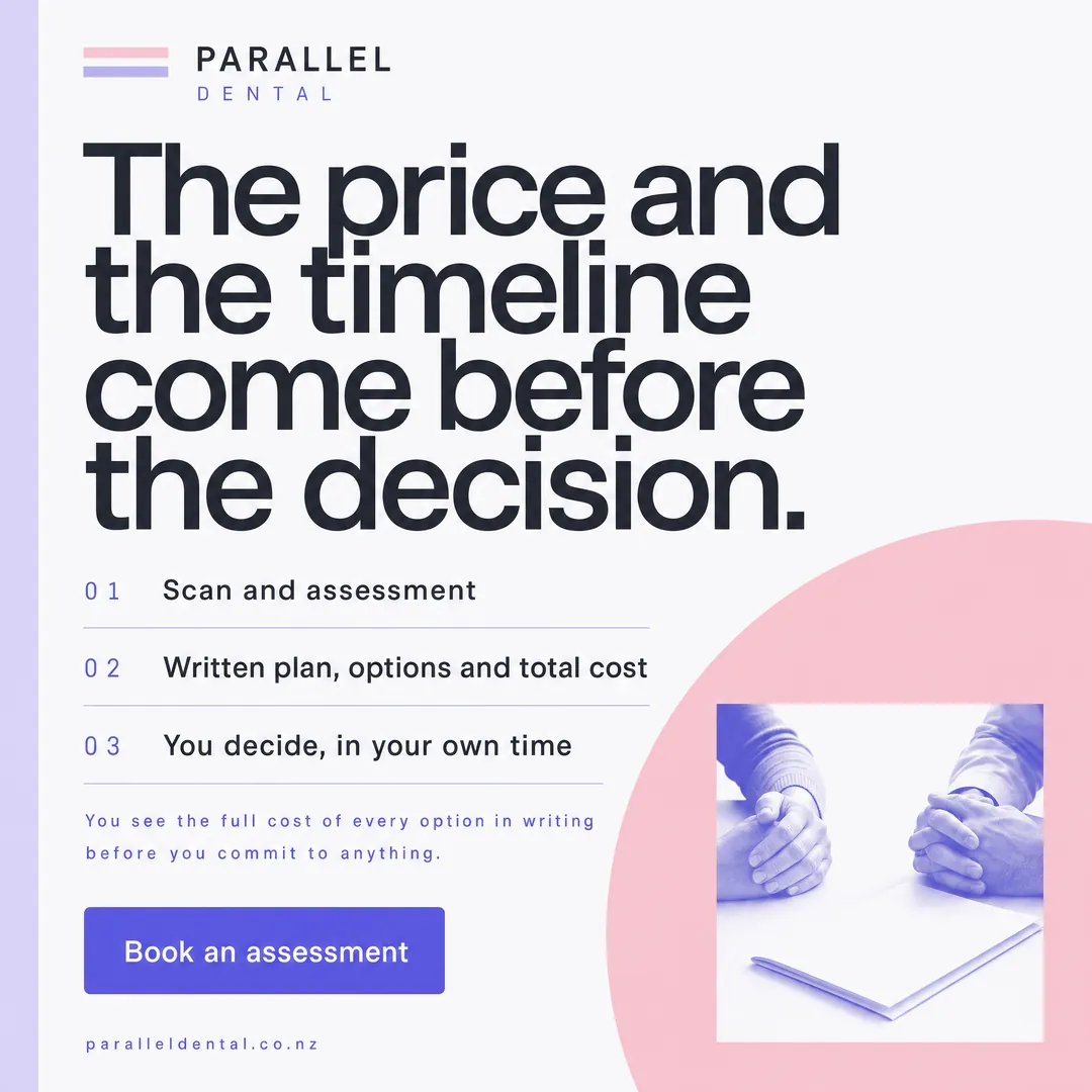 Concept advertisement for Parallel Dental, an invented clinic. Thin outlined callout boxes, letterspaced indigo small caps.
