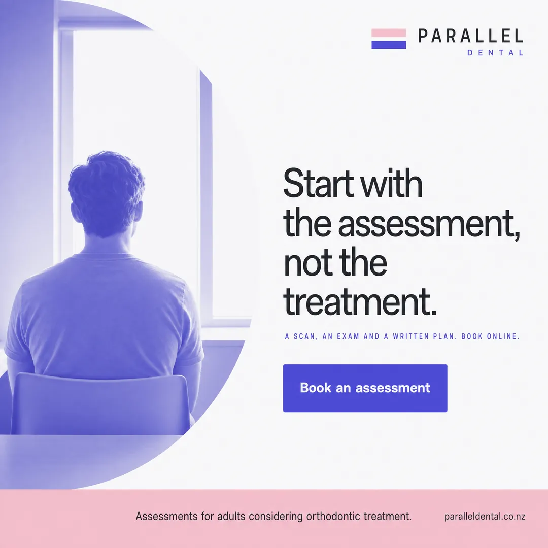 Concept advertisement for Parallel Dental, an invented clinic. Solid indigo block button under a flat blush circle.