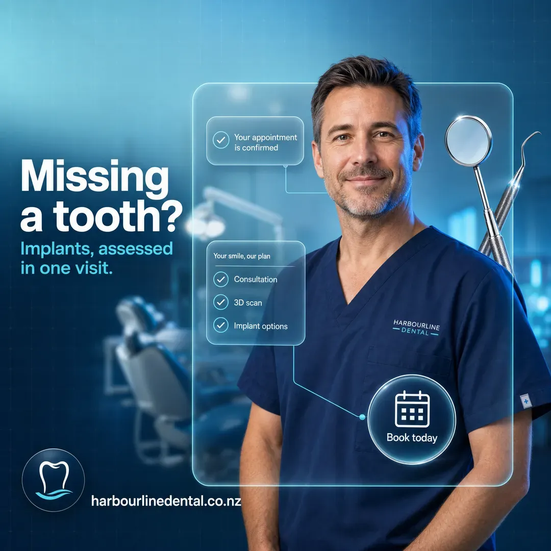 Concept advertisement for Harbourline Dental, an invented clinic. Navy heavy sans, translucent glass panel, tick list inside it.