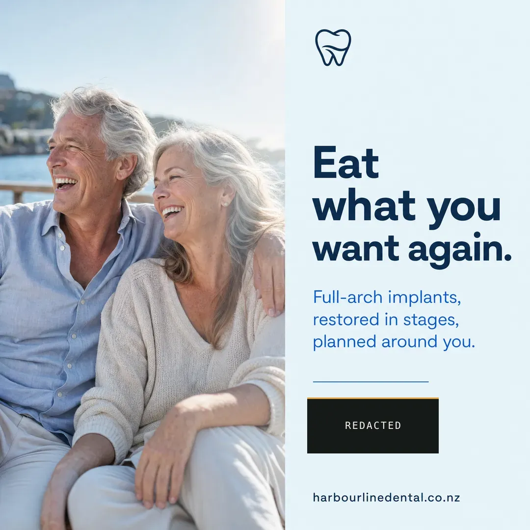 Concept advertisement for Harbourline Dental, an invented clinic. Sunlit photograph split hard against a pale blue type panel.