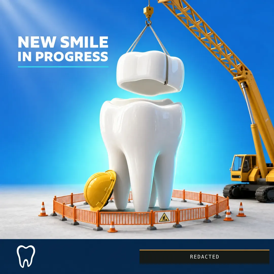 Concept advertisement for Harbourline Dental, an invented clinic. CGI molar ringed by orange barriers, yellow crane overhead.