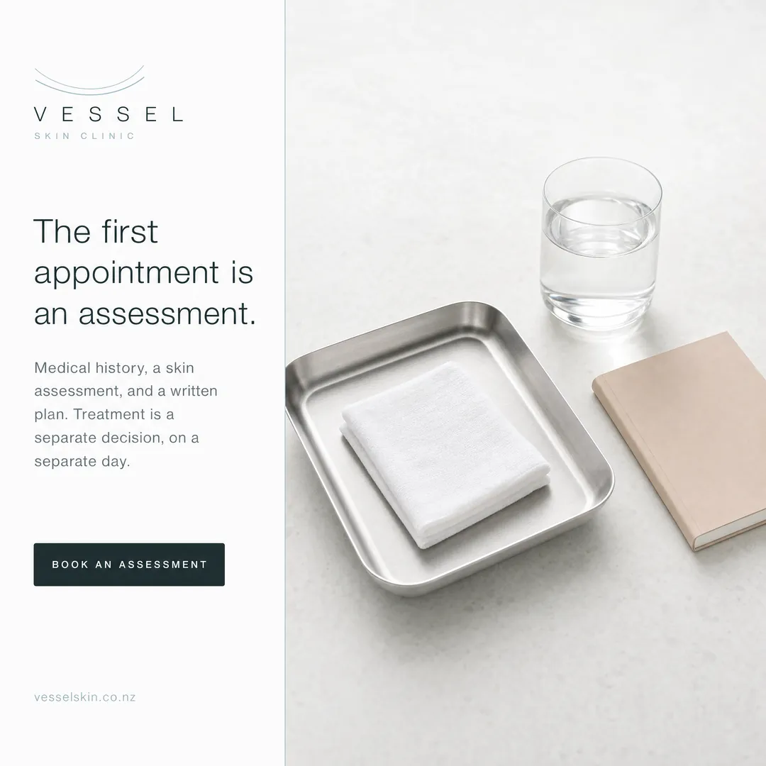 Concept advertisement for Vessel Skin Clinic, an invented clinic. Near-white minimal, hairline wordmark, steel tray still life.