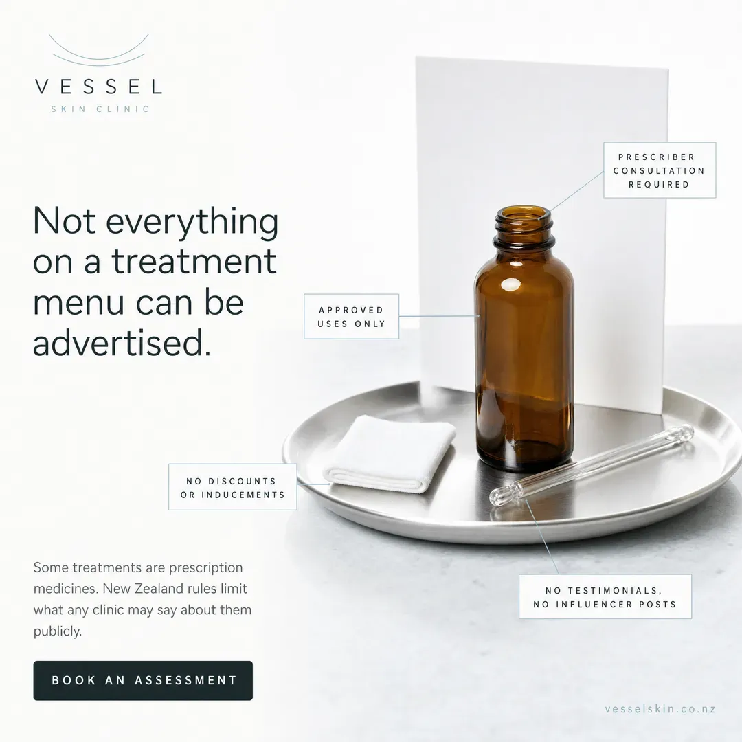Concept advertisement for Vessel Skin Clinic, an invented clinic. Hairline leaders into four thin-outlined callout boxes.