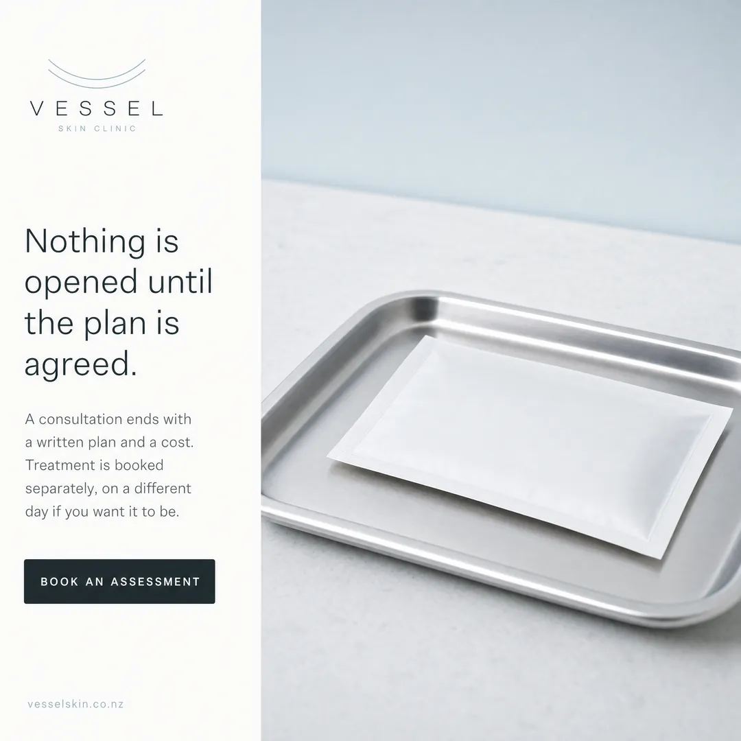 Concept advertisement for Vessel Skin Clinic, an invented clinic. Light grotesque set tight, grey-blue second line under it.