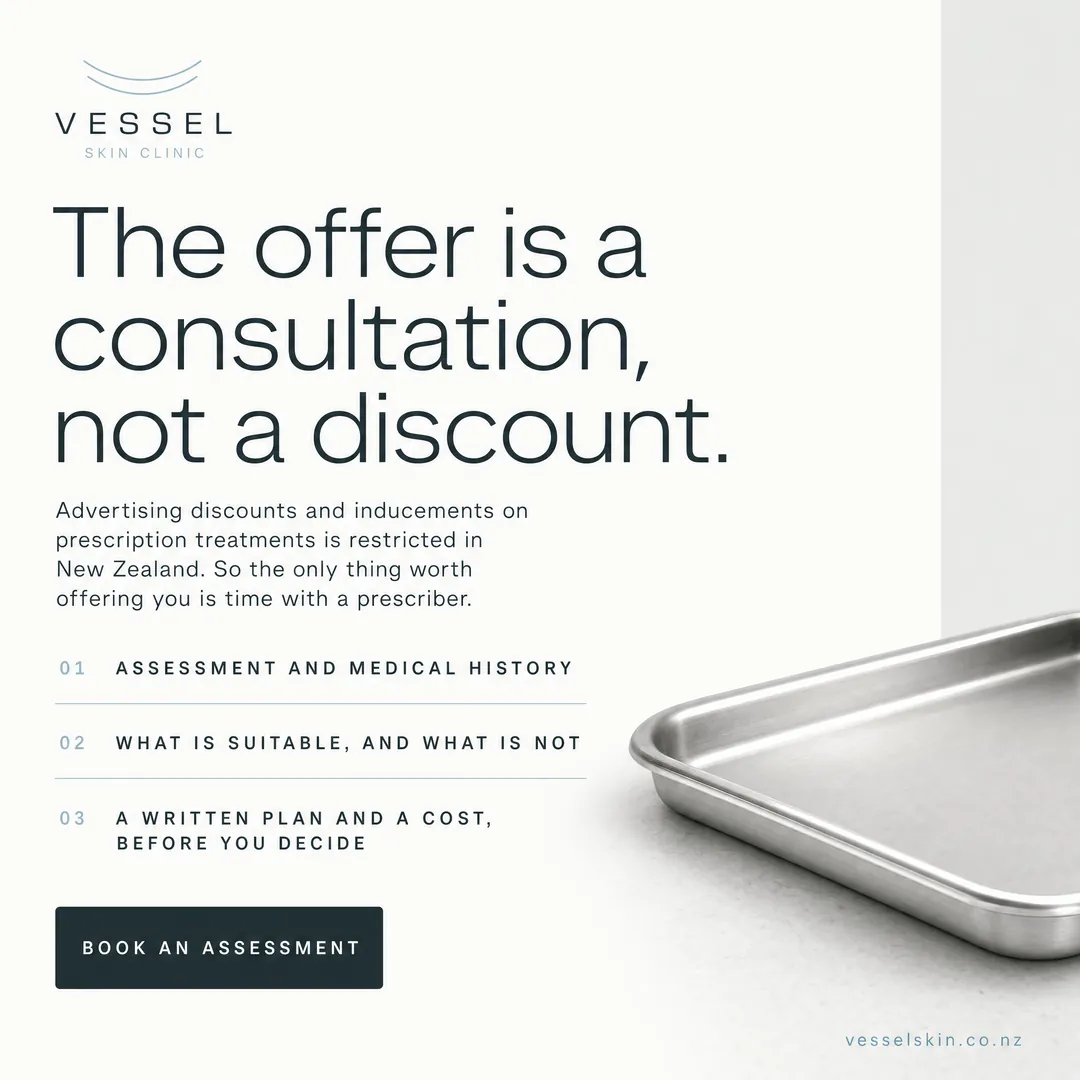 Concept advertisement for Vessel Skin Clinic, an invented clinic. Numbered list on hairline rules, dark ink block button.