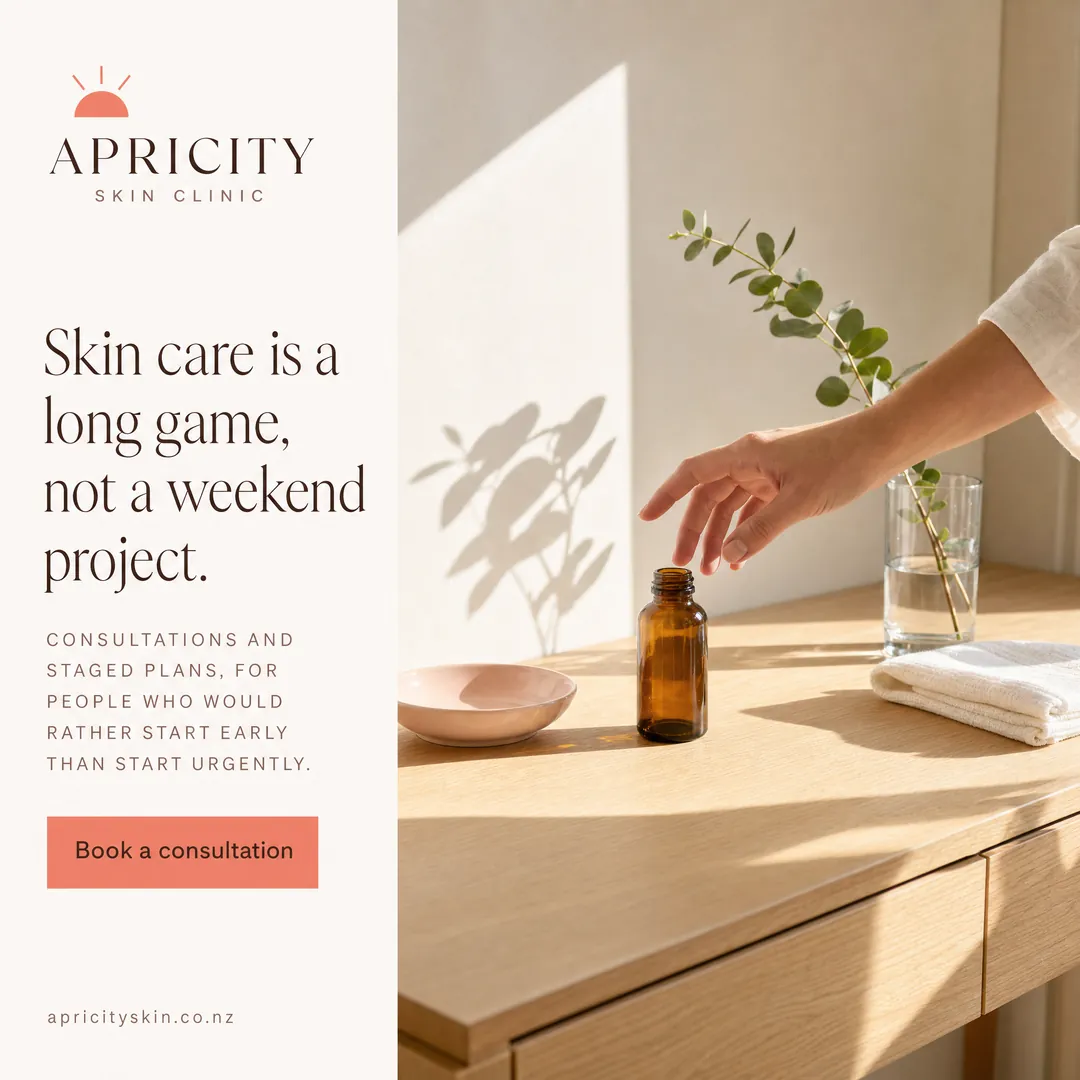 Concept advertisement for Apricity Skin Clinic, an invented clinic. Deep brown Didone serif on cream, coral half-sun mark.
