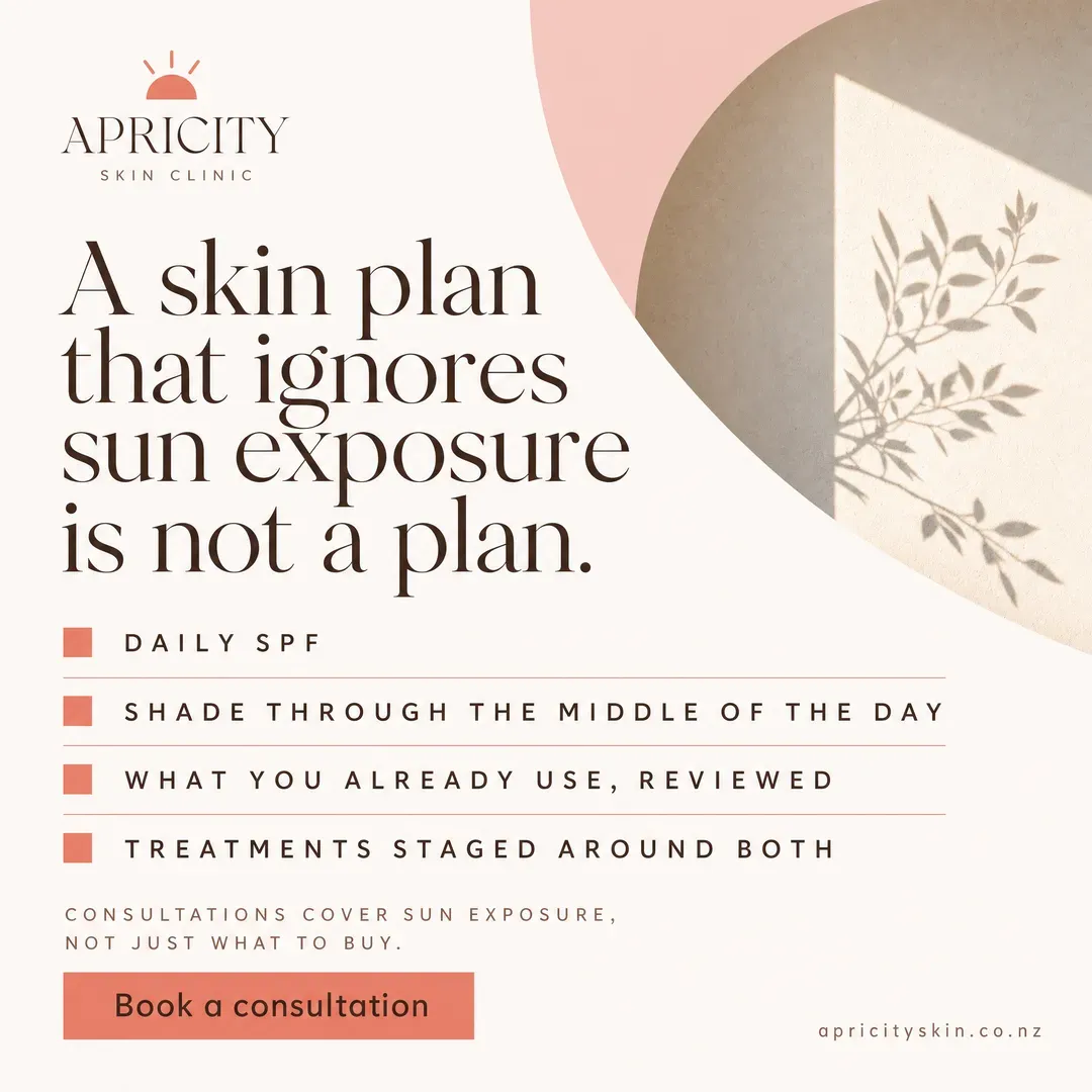 Concept advertisement for Apricity Skin Clinic, an invented clinic. Pink circle, botanical wall shadow, coral square bullets.