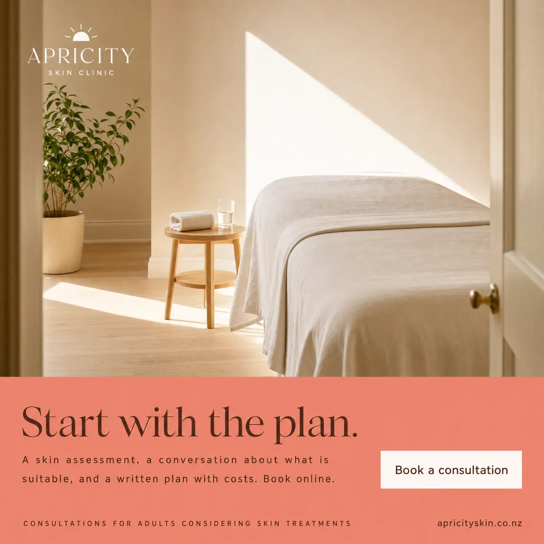 Concept advertisement for Apricity Skin Clinic, an invented clinic. Solid coral banner taking the bottom third of the frame.