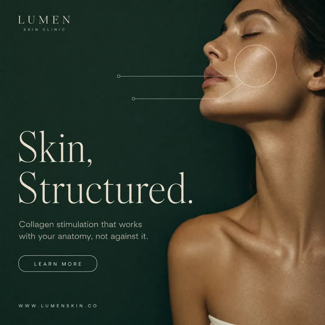 Concept advertisement for Lumen Skin Clinic, an invented clinic. Gold circle and leader lines over a portrait on forest green.