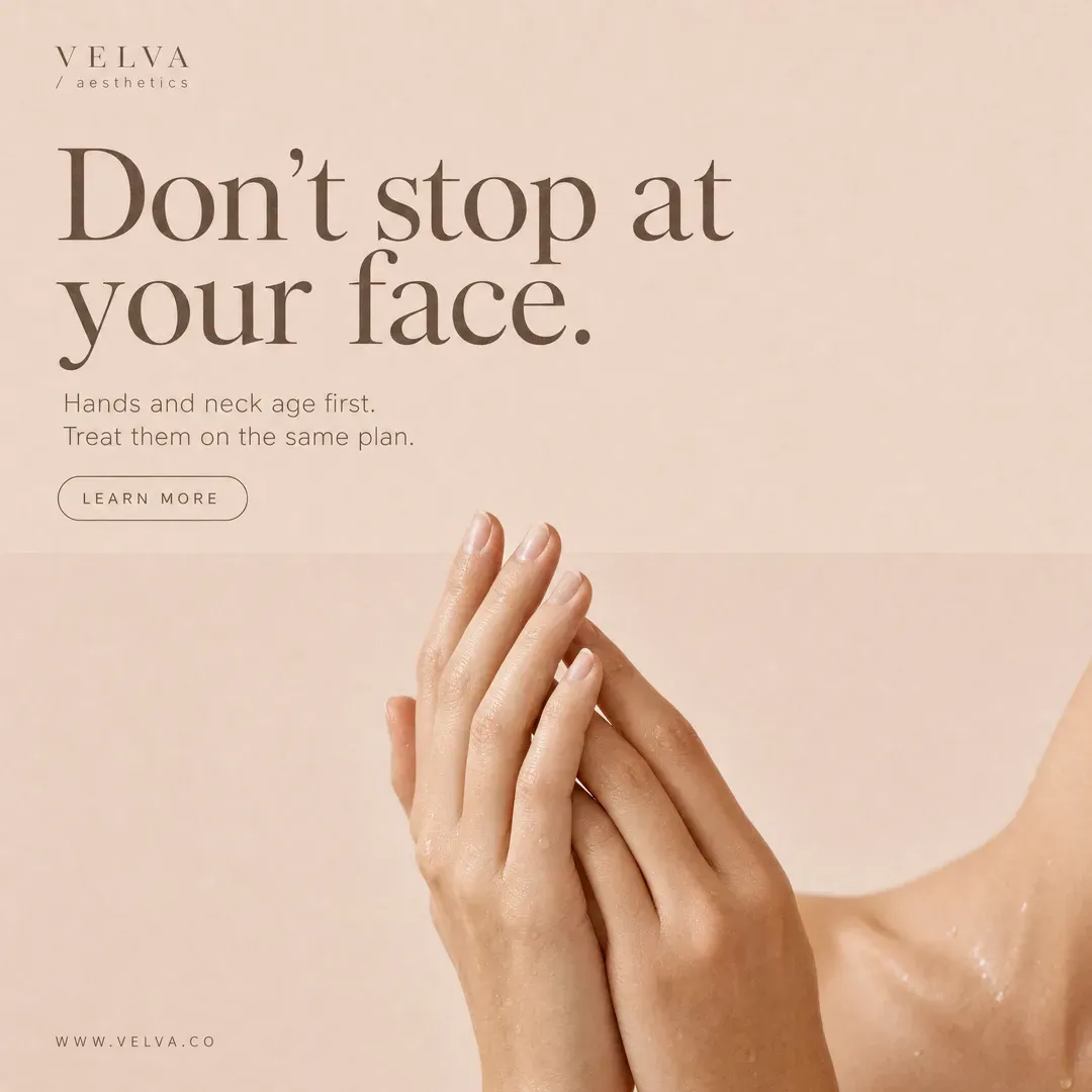 Concept advertisement for Velva Aesthetics, an invented clinic. Two-tone blush split, horizon line across a hands photograph.