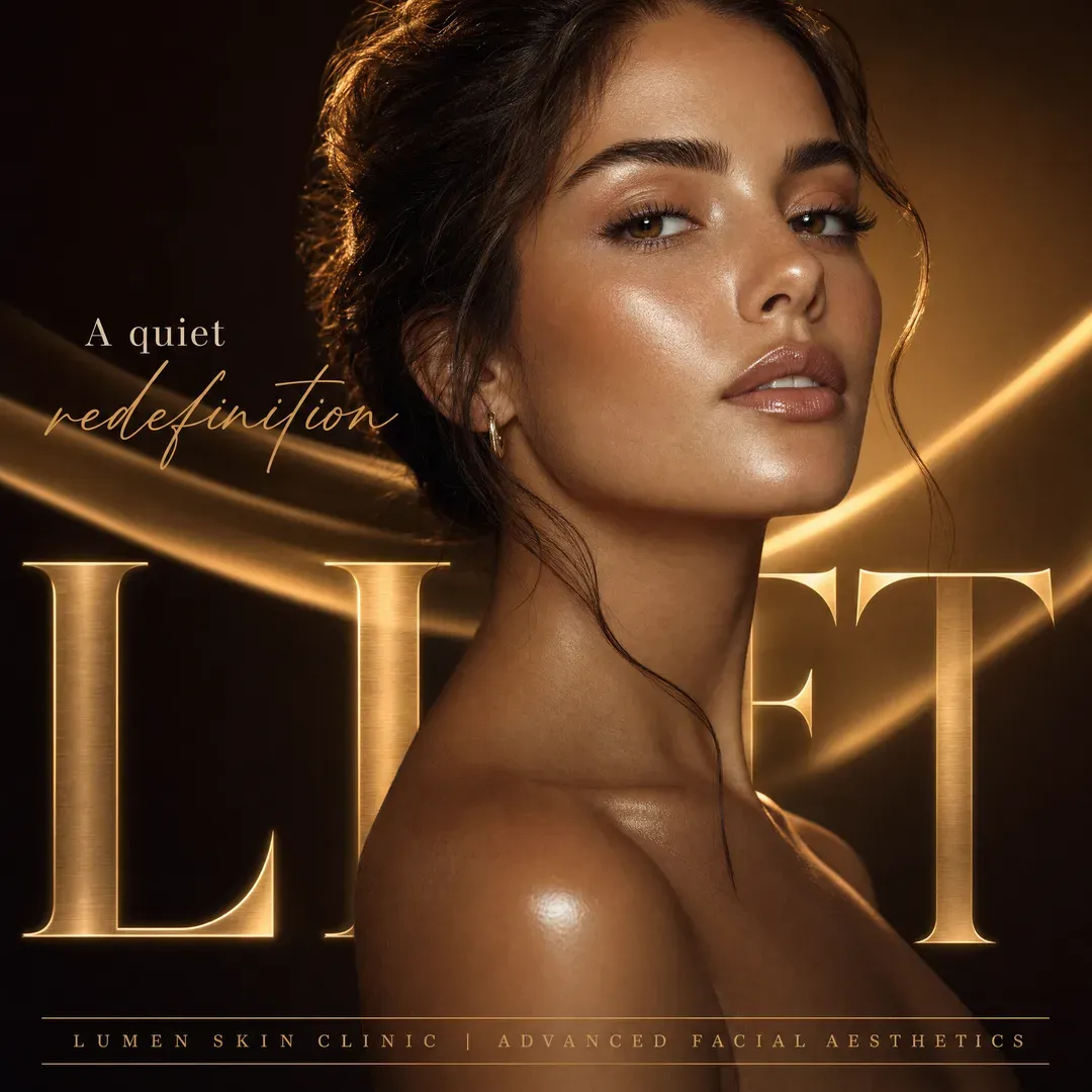 Concept advertisement for Lumen Skin Clinic, an invented clinic. Giant gold gradient letterforms set behind a gold-lit portrait.