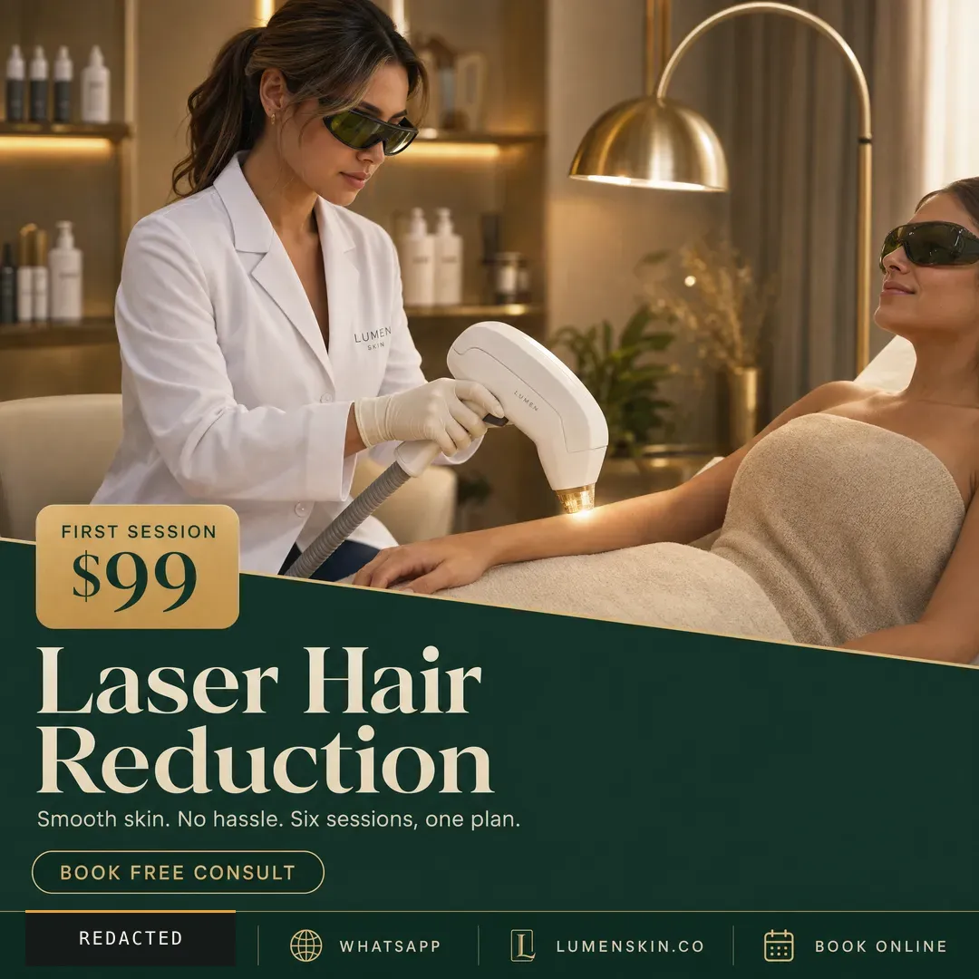 Concept advertisement for Lumen Skin Clinic, an invented clinic. Green diagonal banner, condensed cream serif, gold badge.