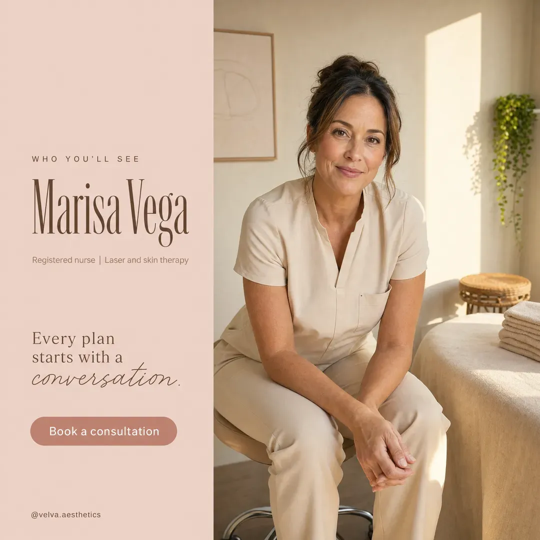 Concept advertisement for Velva Aesthetics, an invented clinic. Blush left panel, condensed display serif, dusty-rose pill button.
