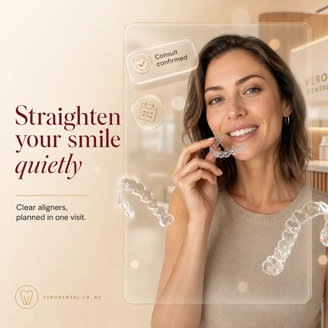 Concept advertisement for Vero Dental, an invented clinic. Glassmorphic panel on peach, aligners floating above it.